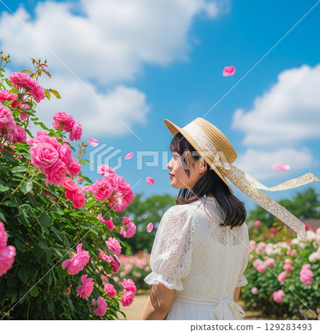Summer portrait of a smiling woman wearing a straw hat in a rose field 129283493