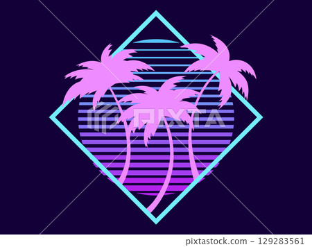 Silhouettes of palm trees at sunset in the style of the 80s in a square frame. Retro futuristic sun with palm trees in Synthwave and Retrowave style. Design of banner and poster. Vector illustration Silhouettes of palm trees at sunset in the style of the 80s in a square frame. Retro futuristic sun with palm trees in Synthwave and Retrowave style. Design of banner and poster. Vector illustration 129283561