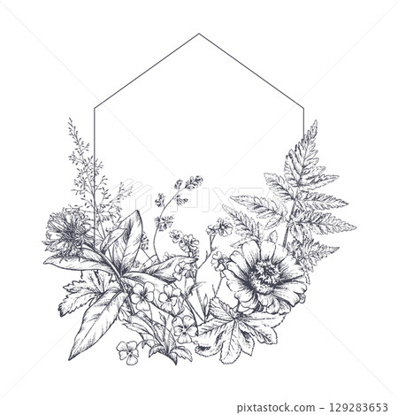 Vector frame of meadow wildflowers, herbs, plants. Different flowers in beautiful design for wedding invitation, greeting card. Vintage style. 129283653