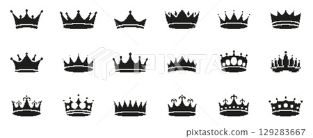 Crown Silhouette Pixel Art Icon Set. Royalty, Leadership, And Nobility Symbol Collection. Elegant And Regal Design Elements. Isolated Vector Illustration 129283667