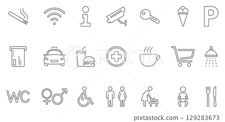 Public Facility And Service Icons Collection. Essential Amenities And Services Outline Symbol Set. Smoking Area, Wi-Fi, Information and Parking Icon. Editable Stroke. Isolated Vector Illustration 129283673