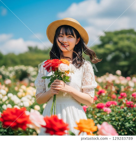 Summer portrait of a smiling woman wearing a straw hat in a colorful rose field, her long hair and ribbon swaying in the wind 129283789