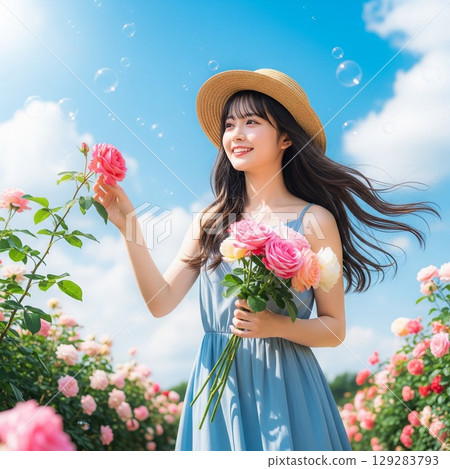 Summer portrait of a smiling woman wearing a straw hat in a rose field. Her long hair and ribbon fluttering in the wind. 129283793