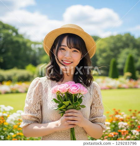 Summer portrait of a smiling woman wearing a straw hat in a rose field. Her long hair and ribbon fluttering in the wind. Summer portrait of a smiling woman wearing a straw hat in a rose field. Her long hair and ribbon fluttering in the wind. 129283796