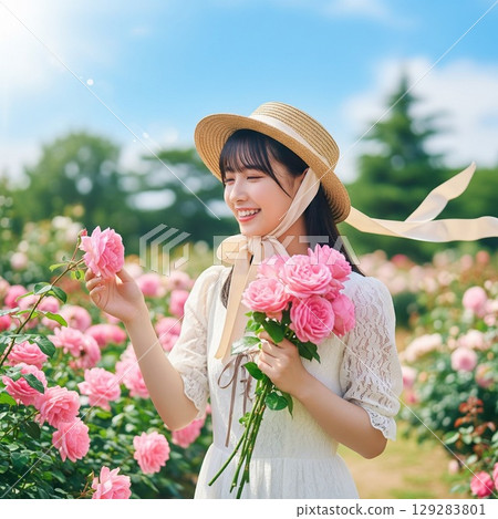 Summer portrait of a smiling woman wearing a straw hat in a rose field. Her long hair and ribbon fluttering in the wind. 129283801