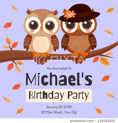 Flat Vector Birthday Card with Owl Couple on Tree Branch. 129283841