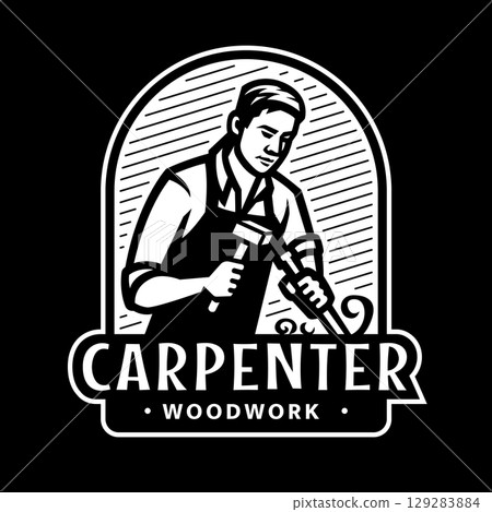 Carpenter with chisel and hammer logo, emblem on dark background. 129283884