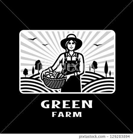 Farmer girl with a basket of vegetables on a dark background. 129283894
