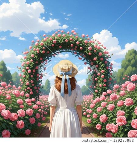 Illustration of a woman in a white dress wearing a straw hat in a rose field, spring/autumn 129283998