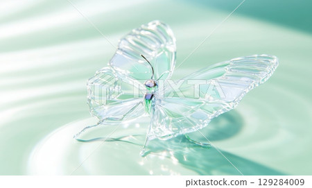 Futuristic butterfly with transparent solar-panel wings against a jade green background 129284009