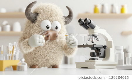A buffalo character wearing sterile gloves prepares a slide next to a compact digital microscope in a crisp white lab setting A buffalo character wearing sterile gloves prepares a slide next to a compact digital microscope in a crisp white lab setting 129284015