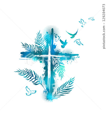 Cross with palm leaves blue. hand drawn. Not AI, Vector Cross with palm leaves blue. hand drawn. Not AI, Vector 129284073