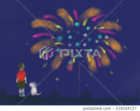 A boy in a red shirt and a white dog looking up at fireworks in the night sky A boy in a red shirt and a white dog looking up at fireworks in the night sky 129284157
