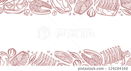Border design with line art raw meat, salmon, garlic, tomato, pepper and herbs on white background. Perfect for restaurant wallpaper and delivery packaging. 129284168