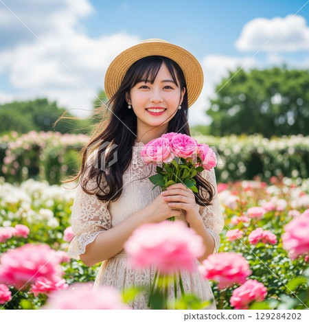 一位戴著草帽、手捧玫瑰花的微笑女性的半身照 129284202