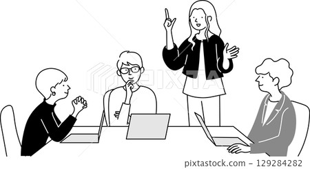 Men and women having a meeting with laptops open Men and women having a meeting with laptops open 129284282