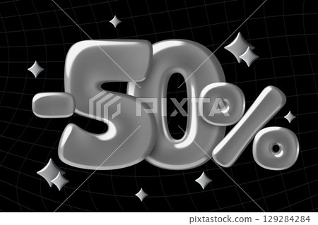 Chrome 50 percent off sale sign with 3d balloon numbers and sparkles on dark background 129284284
