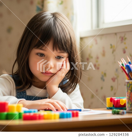 A cute girl who is bored with studying and has a lonely expression, leaning her chin on her hand. Pouting. Child leaning on her hand. A cute girl who is bored with studying and has a lonely expression, leaning her chin on her hand. Pouting. Child leaning on her hand. 129284336