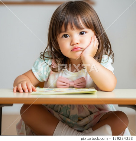A cute girl who is bored with studying and has a dissatisfied expression, leaning her chin on her hand, pouting, child resting her chin on her hand A cute girl who is bored with studying and has a dissatisfied expression, leaning her chin on her hand, pouting, child resting her chin on her hand 129284338