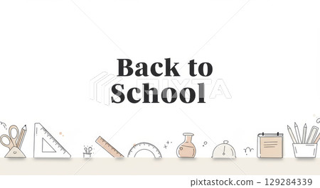 Back to School text with doodle illustrations of school supplies. Education and the start of the academic year. 129284339