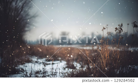 A peaceful winter landscape with falling snow and frosty bushes creating a calm and serene atmosphere perfect for seasonal holiday and nature themes 129284502