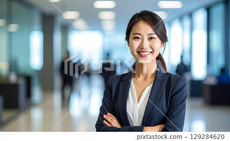 A career woman who successfully changed jobs. A young Japanese female business person smiling confidently in the office. 129284620