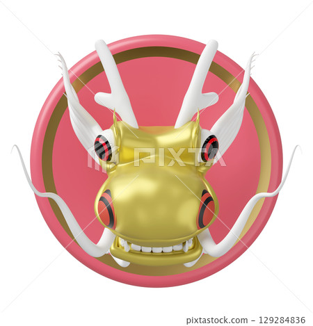 3D golden dragon head in a cute, stylized cartoon rendering with white horns and whiskers, featuring red eyes and visible teeth, set against a pink circular background with a gold border. 3D golden dragon head in a cute, stylized cartoon rendering with white horns and whiskers, featuring red eyes and visible teeth, set against a pink circular background with a gold border. 129284836