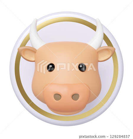 Vibrant 3D cartoon cow head icon with a glossy finish, set within a golden ring. This stylized ox symbol is ideal for zodiac, farm animals, or Lunar New Year concepts. 129284837
