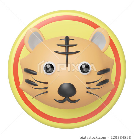 Cute 3D rendered cartoon tiger head icon with black stripes, nose, and big eyes, set against a yellow circle with red rings. Ideal for avatars, emojis, or Year of the Tiger designs. Cute 3D rendered cartoon tiger head icon with black stripes, nose, and big eyes, set against a yellow circle with red rings. Ideal for avatars, emojis, or Year of the Tiger designs. 129284838