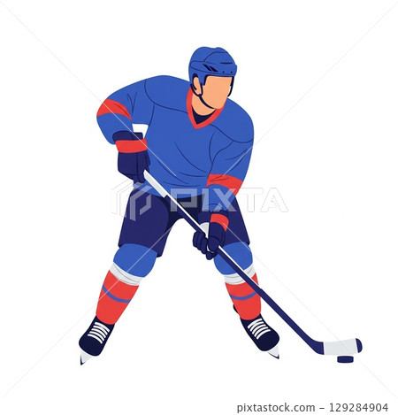 Ice hockey player in action with puck and stick on white background 129284904