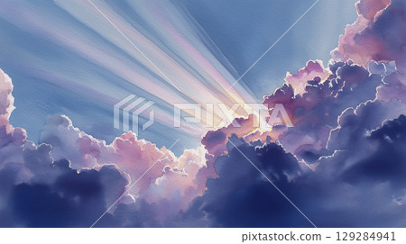 陽光穿過雲層的水彩插圖 129284941