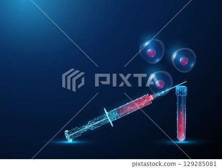 Syringe, test tube with blood, floating stem cells. Hematopoietic stem cell collection, regenerative medicine, blood sampling, personalized therapy concept. Syringe, test tube with blood, floating stem cells. Hematopoietic stem cell collection, regenerative medicine, blood sampling, personalized therapy concept. 129285081