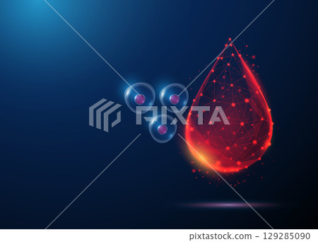 Blood drop, floating stem cells. Hematopoietic stem cell collection, regenerative medicine, blood-derived stem cells, donor therapy, transplantation concept 129285090
