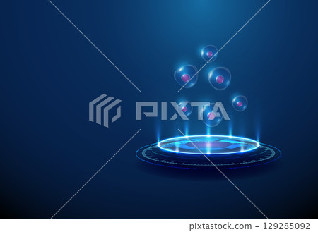 Stem cell on futuristic podium. Induced pluripotent stem cell technology, cellular reprogramming, regenerative medicine, personalized therapy concept. 129285092