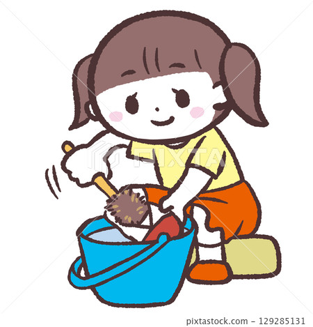 一個女孩洗室內鞋的插圖 一個女孩洗室內鞋的插圖 129285131