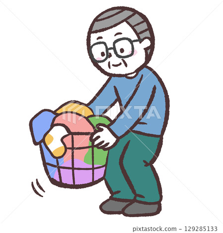 Illustration of a senior man lifting a laundry basket Illustration of a senior man lifting a laundry basket 129285133