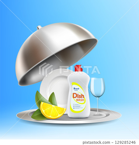 Dishwashing liquid and clean dishes on a tray 129285246