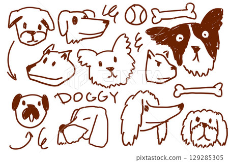 Playful dog sketches and bones. Expressive joyful faces ideal for pet-themed projects and animal lovers. Playful dog sketches and bones. Expressive joyful faces ideal for pet-themed projects and animal lovers. 129285305