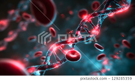 DNA helix glows with light as red blood cells drift nearby. 129285359