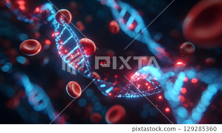 Glowing blue DNA strands twist among red blood cells. 129285360