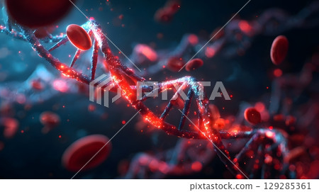 Red blood cells flow around a glowing DNA helix structure. Red blood cells flow around a glowing DNA helix structure. 129285361
