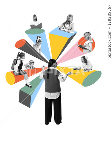 Modern collage of teacher surrounded by children reading and learning from colorful rays 129285367
