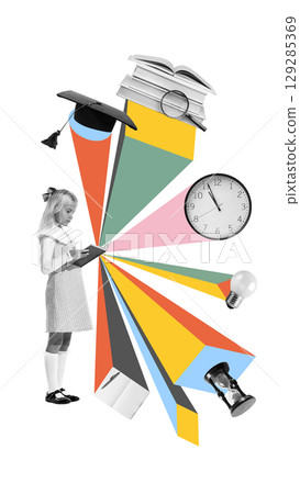 Creative collage of focused girl reading with education symbols and geometric rays 129285369