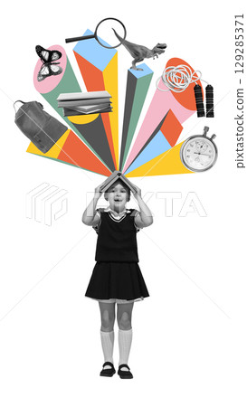 Colorful composition of excited schoolgirl with book on head and bursting school objects Colorful composition of excited schoolgirl with book on head and bursting school objects 129285371
