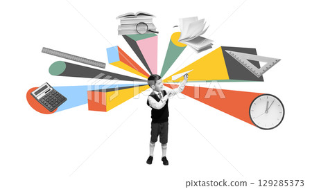 Bright collage of enthusiastic boy throwing paper plane with educational icons around Bright collage of enthusiastic boy throwing paper plane with educational icons around 129285373
