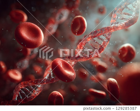 Red blood cells and DNA strands circulate in a microscopic view. 129285387