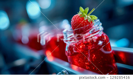 Close-up of a glass jar filled with red strawberry jam and topped with a fresh strawberry on a production line 129285416