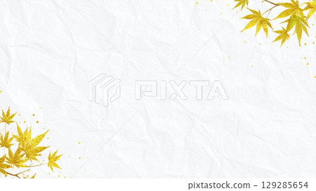White Japanese paper background with gold maple leaves (16:9 size, AI-generated) 129285654