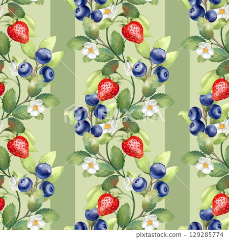 Hand-drawn seamless pattern with ripe strawberries, blueberries, green leaves, and flowers arranged on green background Hand-drawn seamless pattern with ripe strawberries, blueberries, green leaves, and flowers arranged on green background 129285774