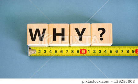 Why question symbol. Concept word Why question on beautiful wooden blocks. Beautiful yellow ruler. Beautiful blue table blue background. Business, lifestyle, support why question concept. Copy space. 129285808